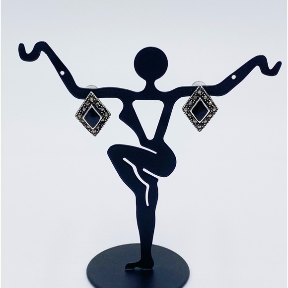 Vintage 925 Sterling Silver Marcasite Black Onyx Post Earrings - Picture 9 of 9